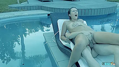 The Busty Brunette Really Enjoys Sucking And Fucking Her Boyfriend By The Swimming Pool
