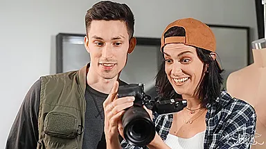 Slim Brunette Strips in Photoshoot and Gives Blowjob Handjob